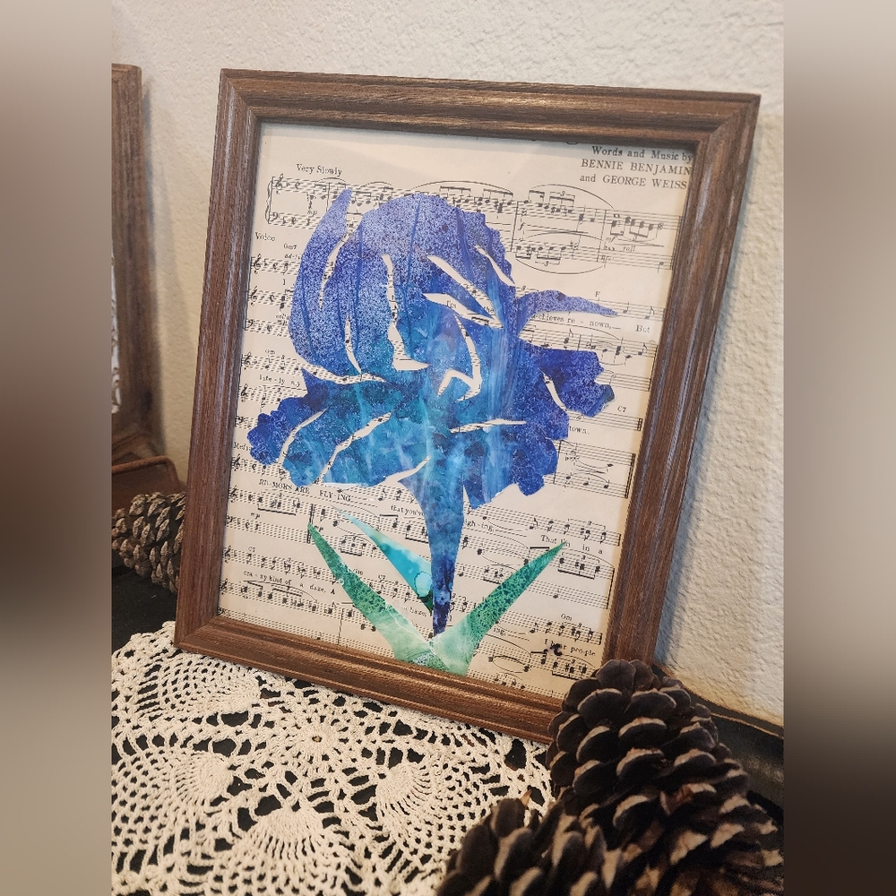 Framed Blue Iris Floral Art on Sheet Music